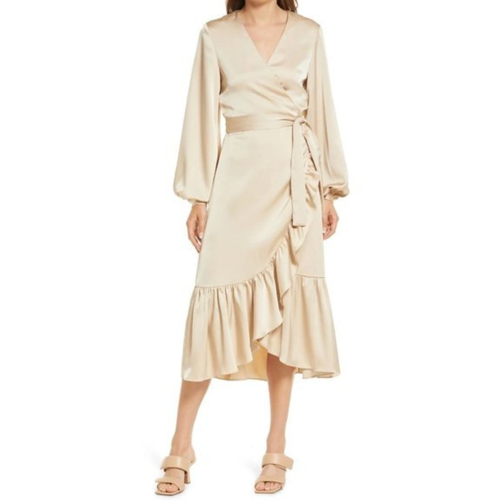 AMY LYNN Long Sleeve MIDI Wrap Dress in Oyster - Large NWT CHAMPAGNE